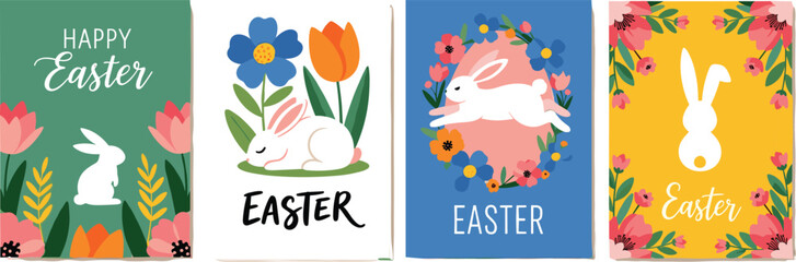 Set of four colorful Easter greeting card templates with cute white bunnies, spring flowers, floral wreaths, and festive hand drawn typography © Abdullah