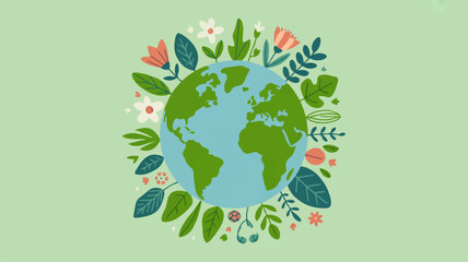 Happy earth day banner illustration with green globe surrounded by colorful leaves and flowers on light green background