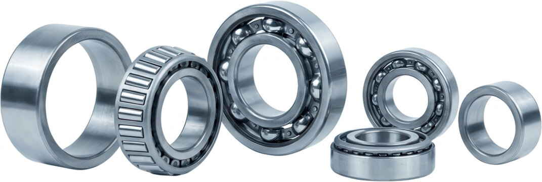 A collection of various metal ball bearings and roller bearings showcasing different types and sizes for industrial and mechanical applications precision equipment machinery