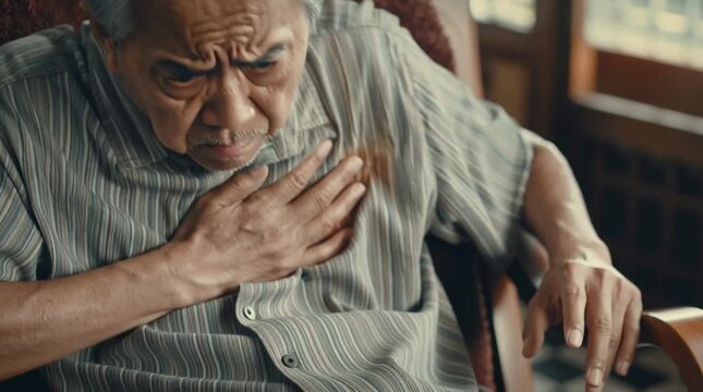 Heartfelt Concern: A senior person experiences chest pain, captured in a poignant moment of distress while in deep contemplation, highlighting vulnerability.