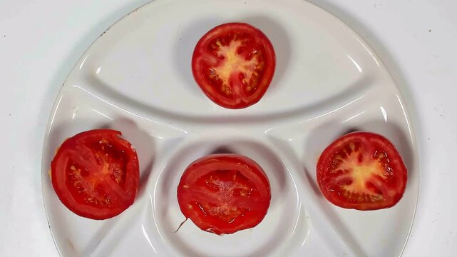Rotting and moldy tomato slice. Timelapse