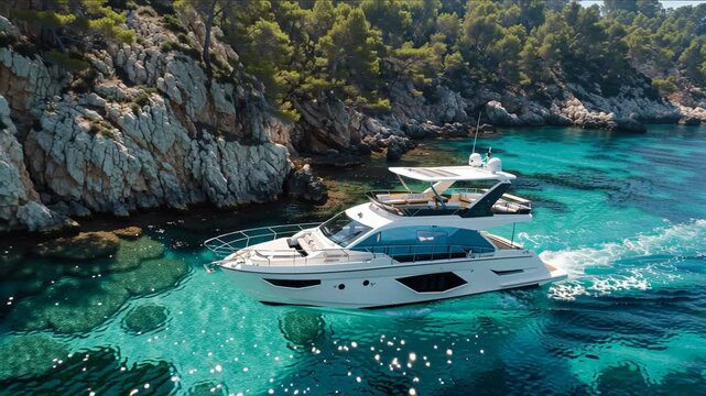 Luxury Yacht Cruising in Emerald Waters: A sleek, modern yacht cruises through clear, turquoise waters near a rocky shoreline, offering a sense of freedom and luxury on the open sea.