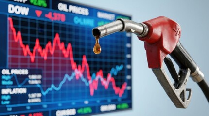 Fototapeta premium Fuel pump nozzle with a drop of oil against a declining oil prices chart