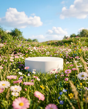 3d podium in a field of pink daisies under a blue cloudy sky