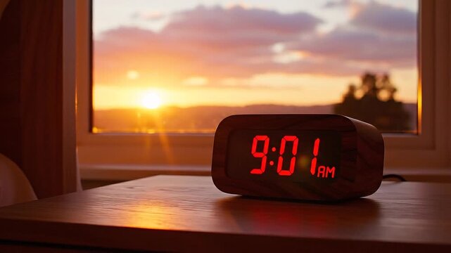 Digital alarm clock at 9:00 AM with sunrise background