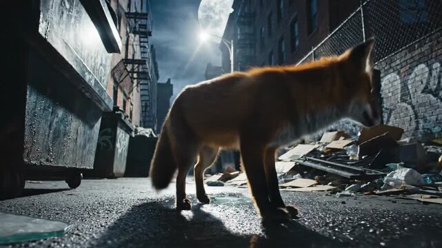 Fox Slinks Through Moonlit Urban Alleyway