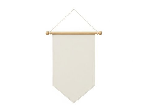 A blank pennant banner hanging on a wooden hanger against a white background