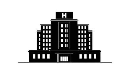 Naklejka premium Illustration of a hospital building with a prominent H sign on top, viewed from the front