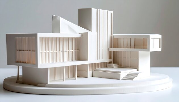 A white architectural model of a modern building with multiple levels