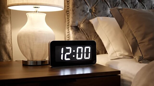 Modern digital clock showing 12:00 on luxury nightstand