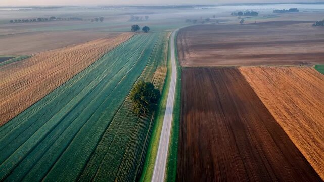 Aerial sunrise view of patchwork farmland with a country road and scattered trees in light morning mist