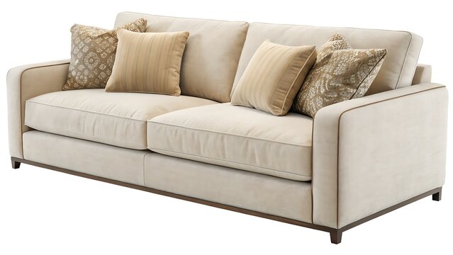 Modern beige sofa with pillows isolated PNG, contemporary couch furniture on transparent background for interior design and home decor