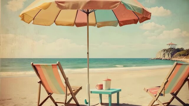 Vintage beach scene with striped umbrella and deck chair by the ocean. Generated AI