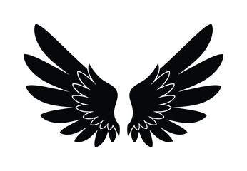Obraz premium Vector silhouette of symmetrical black wings with feather patterns against a white background
