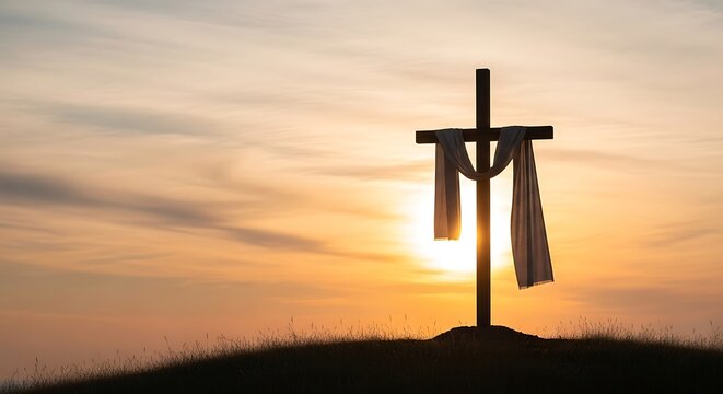 Christian Cross with White Cloth at Sunrise &ndash; Easter Resurrection Concept Background