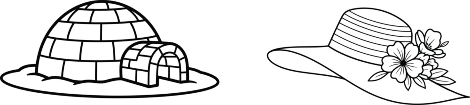 Coloring page igloo and cowboy hat illustration for kids