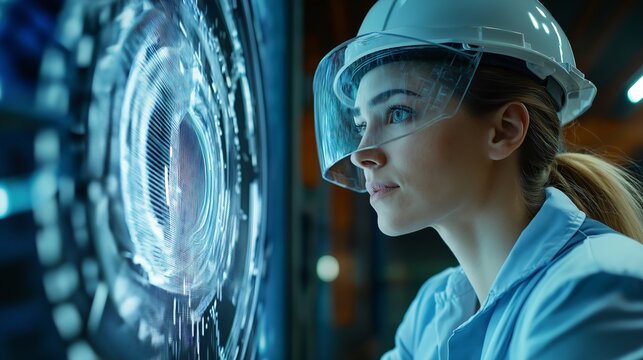 Female engineer looking at a holographic turbine model