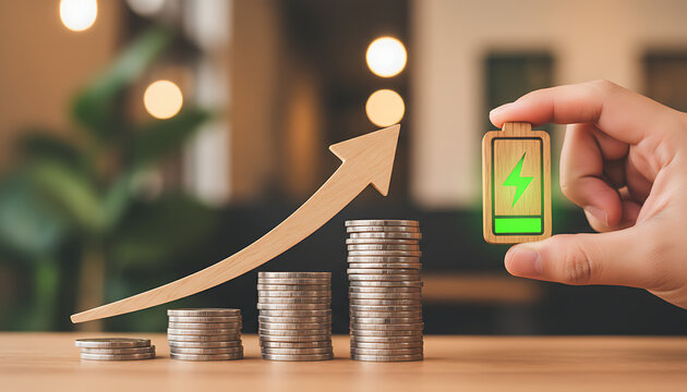 A pile of coins and an electricity symbol, it is a concept of electricity production having higher costs, causing the expenses of the people who have to pay for electricity to increase as well. Financ