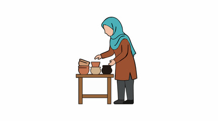 Woman Wearing Blue Headscarf and Brown Tunic Arranges Pottery on Wooden Table Isolated on White Background