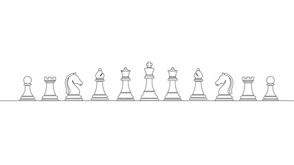 Chess pieces arranged in a line, including pawns, rooks, knights, bishops, queen, and king, depicted as a continuous black line drawing. © Md