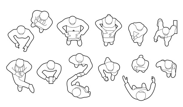 set of people walking, standing and sitting top view in office. plan drawings outline illustration for architectural. men, women and businessman.