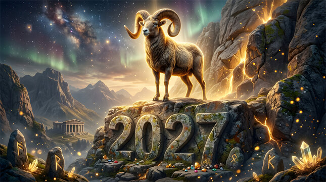 2027 Majestic Golden Ram Standing on 2027 Stone Carving in Fantasy Landscape