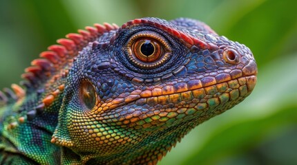 Vibrant lizard head close up showing colorful scales and detailed eye texture in nature