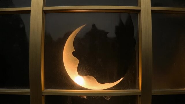 Decorative crescent moon light shining through a dark window frame