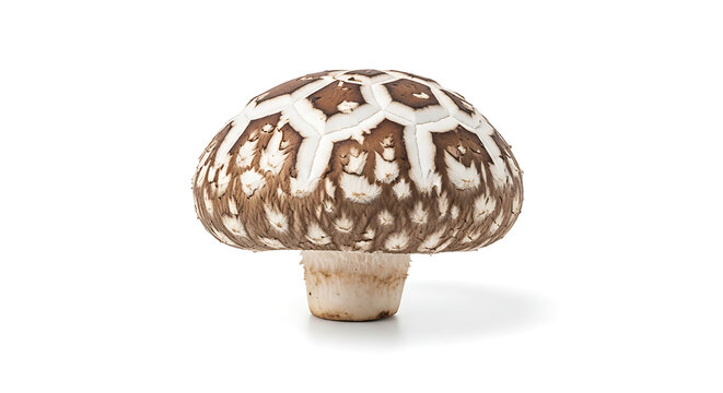Fresh brown shiitake mushroom isolated on a clean white background, highlighting organic texture, edible fungus for culinary use, oriental cooking ingredient, macro studio shot of vegetable.