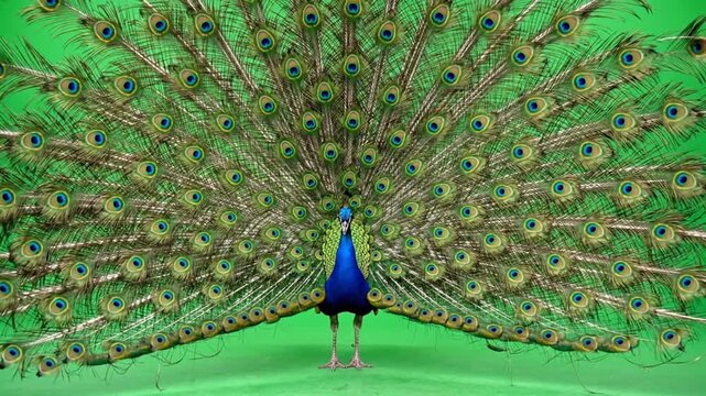 Peacock Displaying Magnificent Tail on Green Screen