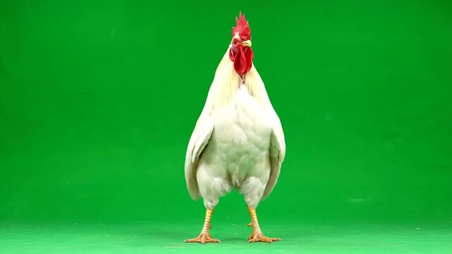 White Rooster Crowing Green Screen Studio Shot