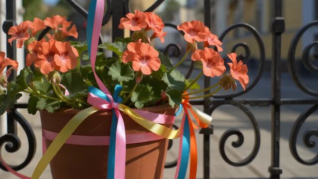 Orange geraniums in a decorated pot on a wrought iron fence