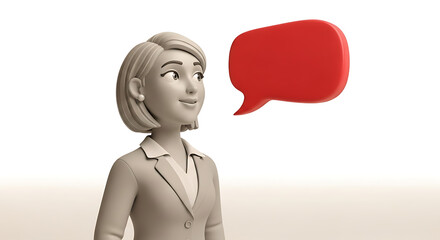 3D cartoon businesswoman looking upwards, thoughtful expression, professional portrait