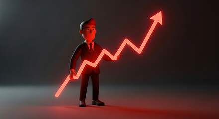 A cartoon businessman holds a rising red arrow, representing growth and finance.