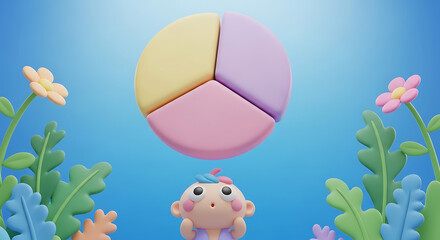 Cute cartoon character floats among vibrant flowers against a blue sky.