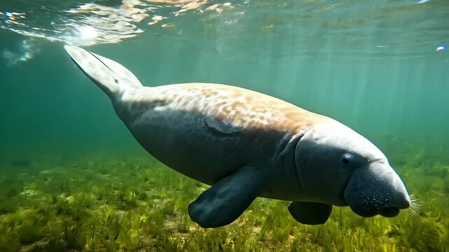 Gentle Manatee Gliding Through Clear Underwater River