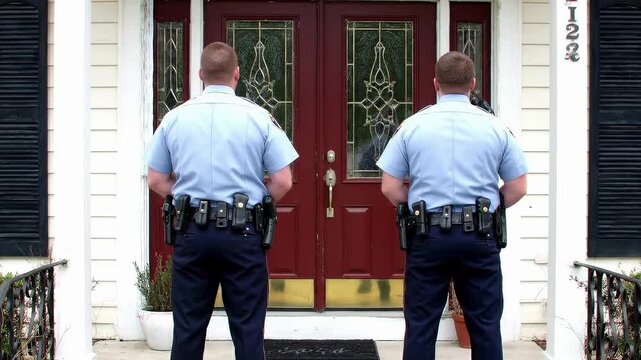 Two US police officers stand still in front of the house door, They are facing away from the camera.