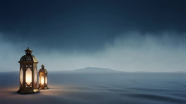 Ornate golden lanterns illuminating a serene dark landscape at dusk