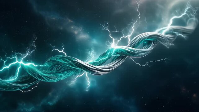 Single aqua silver electric plasma thread twisting like serpent with energy arcs branches, dark space nebula background, hyper-detailed cinematic loop 5 seconds
