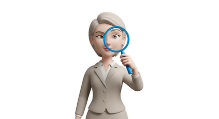 A professional woman in a suit examining with a magnifying glass