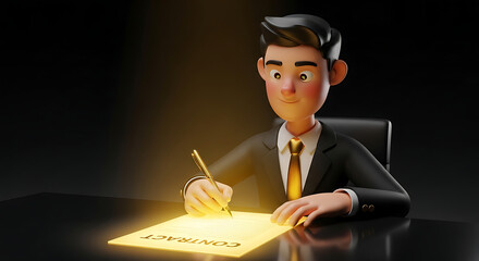 A smiling businessman signing a contract in a bright office setting