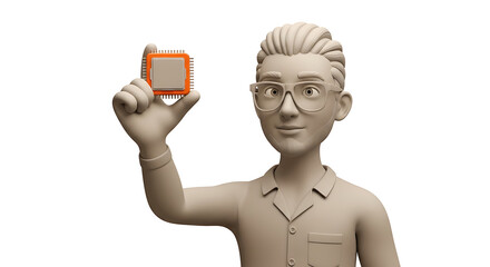 Cartoon scientist holding a circuit board for a tech concept