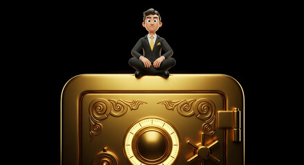 Businessman sitting on a luxurious gold safe, symbolizing wealth.