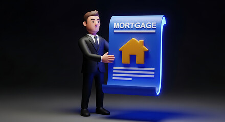 A cartoon businessman presenting a mortgage document for a house sale.