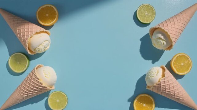 Refreshing ice cream cones with citrus slices on blue background