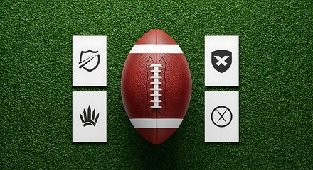 Obraz premium Football on a green turf surrounded by shield icon card: A meticulously arranged scene featuring a football at the heart of a vibrant green expanse, four shield icon cards positioned around it.