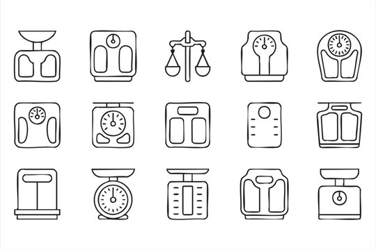 Minimal Outline Weight Measurement Icons With Bathroom Scale And Balance Symbols