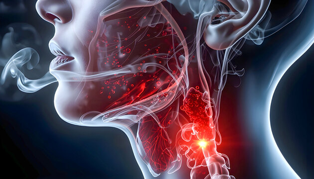 Ultra-Realistic AI-Generated Illustration of Human Throat and Airway Showing Irritation and Inflammation from Methamphetamine Smoke Exposure