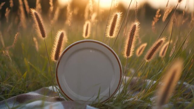 Empty ceramic plate on a blanket in sunlit grass