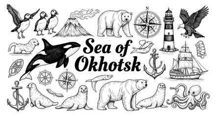 Okhotsk Sea Icons. Sea of Okhotsk scenic icons, hand drawn doodle elements set, center hand-lettered title, black & white vector